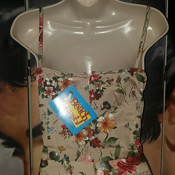 Tatyana Bianca Retro 1950's Pinup Floral Keyhole Romper Bombshell Tan Shorts - Picture 6 of 9